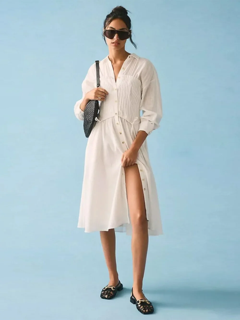 Anthropologie Pilcro White Shirred Corset Buttondown Long Sleeve Midi Dress - Picture 2 of 11